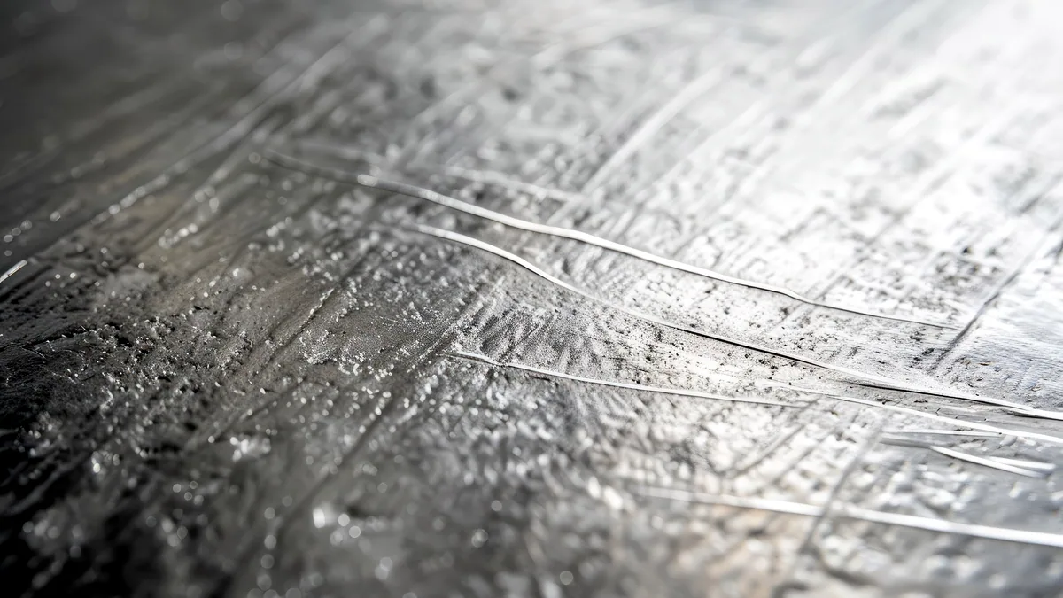 A close-up of a smooth silver metal surface catching cool studio light against a dark ground.