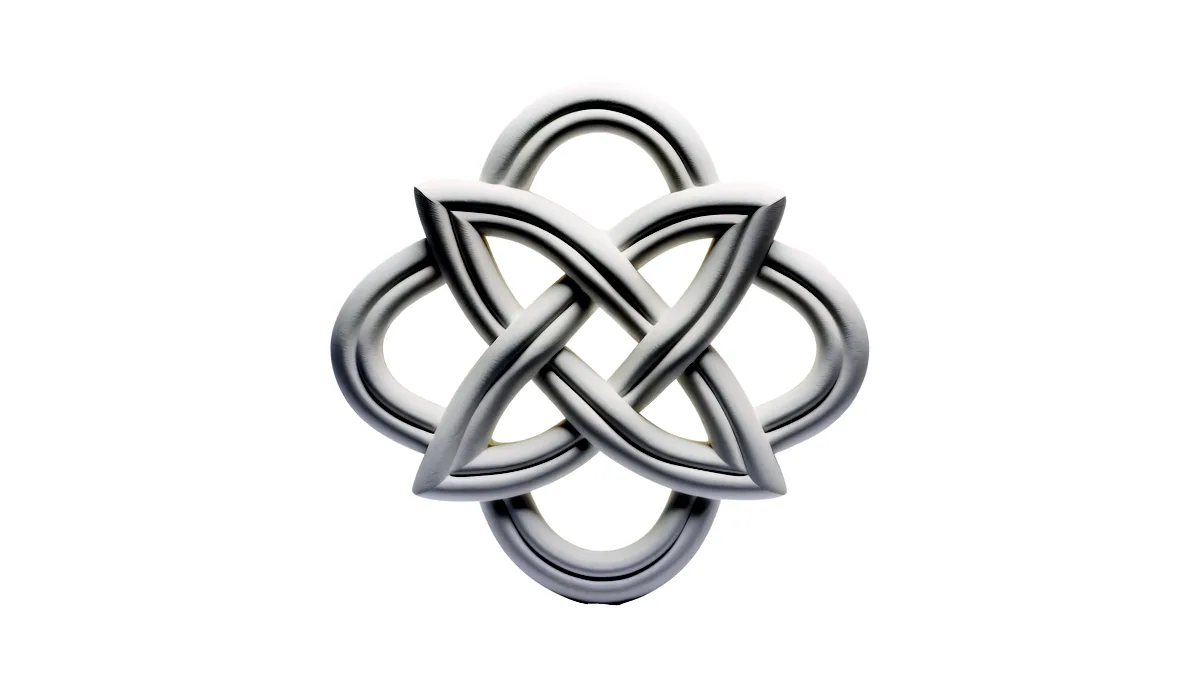 A silver earring shaped as an interwoven celtic knot, the continuous lines wrapping around a dark charcoal tile.