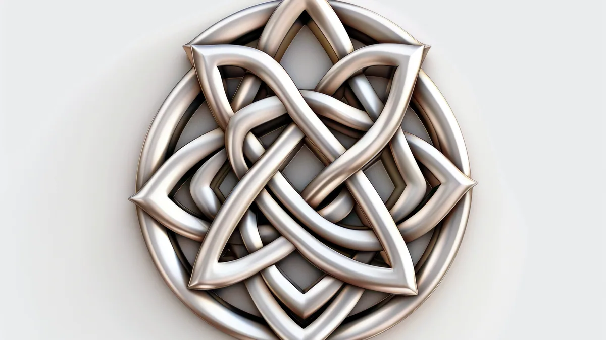 A silver celtic triskele pendant with three interlocking spirals, its continuous line work glowing on dark ground.