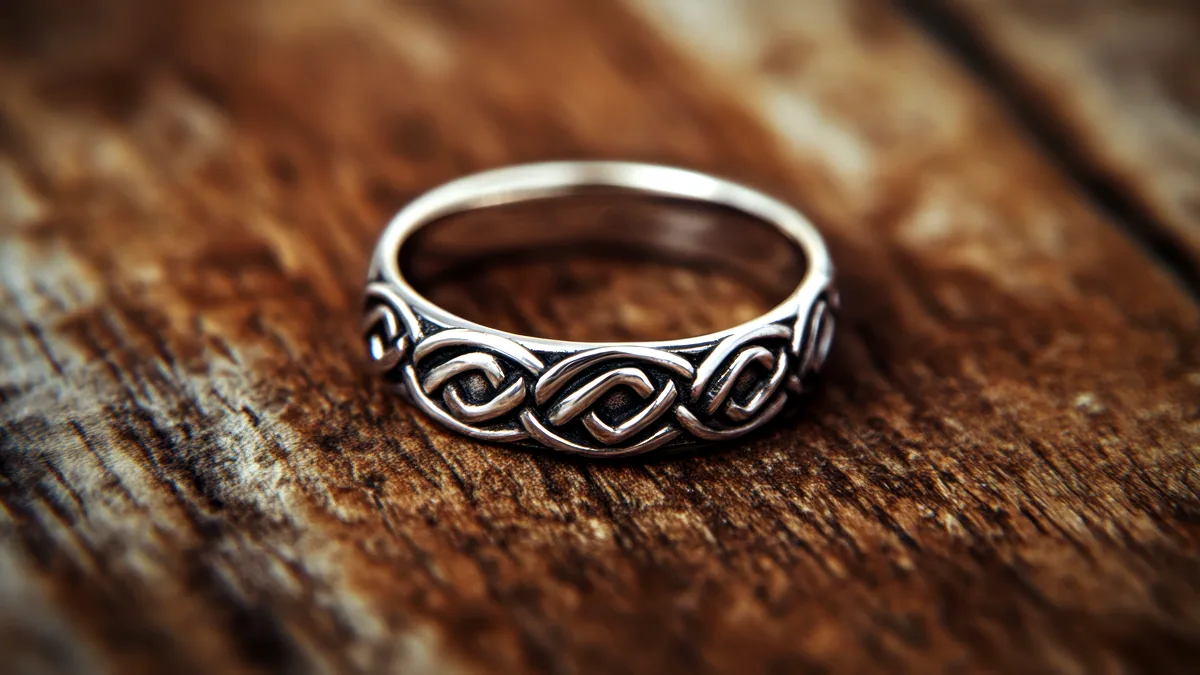 A silver ring band woven into a celtic knot pattern, the interlocking strands casting fine shadows on charcoal.