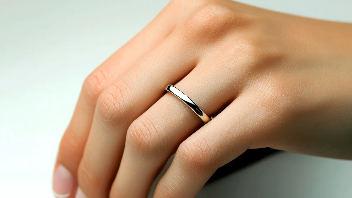 A very thin, delicate silver ring resting on its side on charcoal, almost a line of cool light.