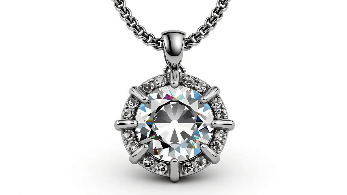 A small diamond pendant suspended on a fine silver chain, the stone throwing a single sharp sparkle on dark ground.