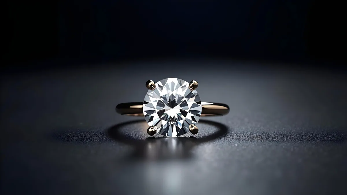 A slim silver solitaire ring with a small clear stone, photographed on dark charcoal under studio light.
