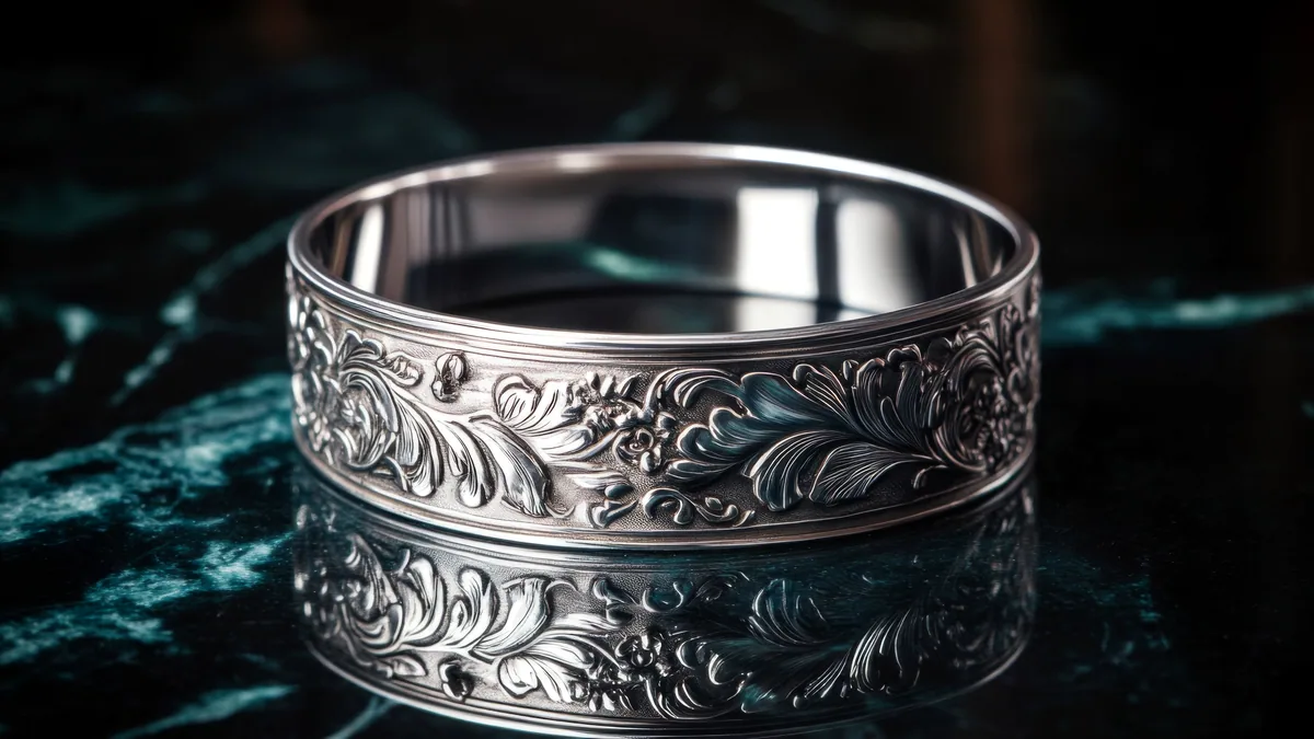A close-up of fine engraved scrollwork inside a silver band, the etched lines catching raking light.