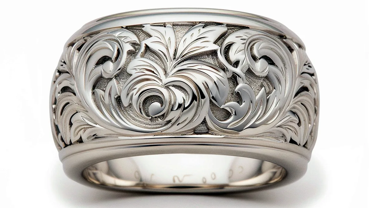 An ornate silver toe ring with fine filigree work, its delicate scroll pattern spread across a dark tile.