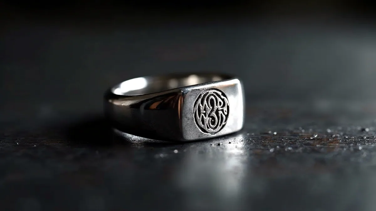 A polished silver ring resting on dark charcoal, lit by a single cool key light from the left.